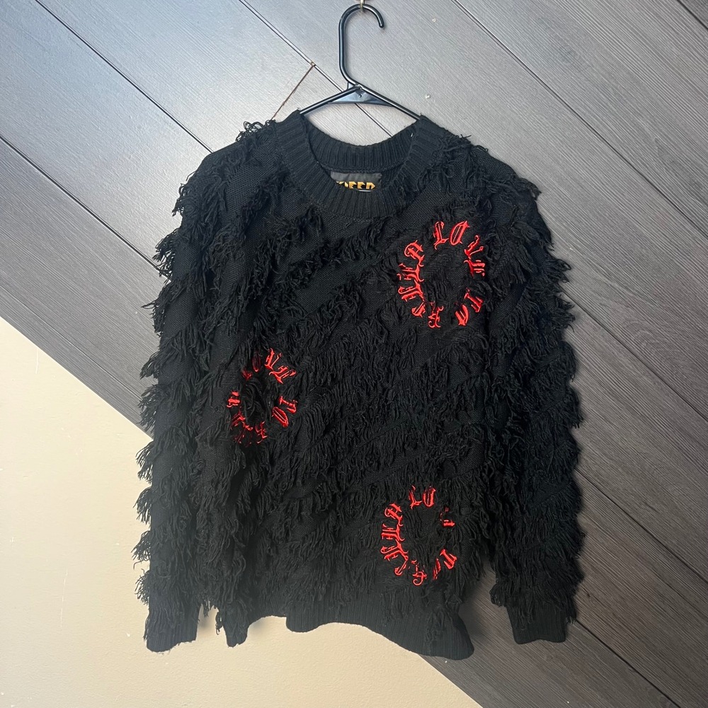 Kleep Men's Fringe Knit Sweater Gothic Embroidered Black Red Size S‎ PHRESH